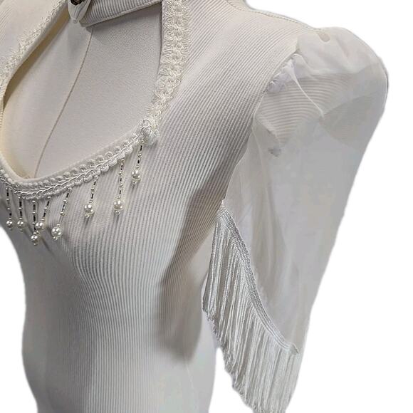 Vtg Joy USA White Ribbed Bodycon Dress Sz M Fringe Beaded Collar Dolly Parton - Picture 4 of 9